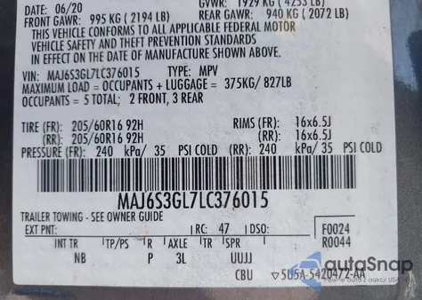 2020 Ford Ecosport Se из США, поврежденный, VIN MAJ6S3GL7LC376015